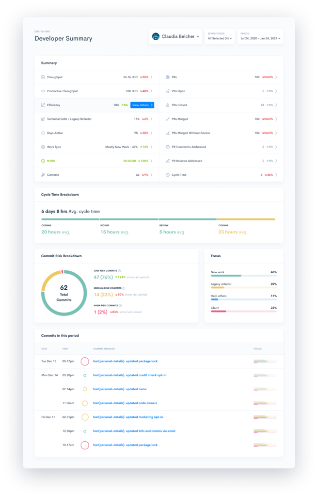 Developer Summary set of productivity metrics for software engineers and developers with Waydev